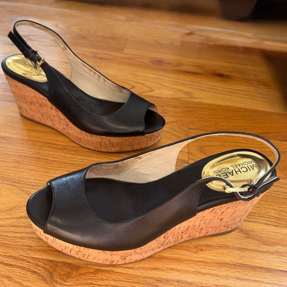 Michael Kors black leather peep toe wedges. Cork heel. Size 9
